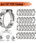 All In One PEX Cinch Clamp Tool Kit With 26 Half Inch Clamps And 12 Brass Fittings Including 2 Tee 4 Coupling 6 Elbow Connectors For Fast Easy DIY Home Plumbing Setup Snug Fit, showing 26 stainless steel 1/2 inch PEX clamps