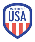 Shield-shaped 'Made in the USA' emblem with blue border and red stripes