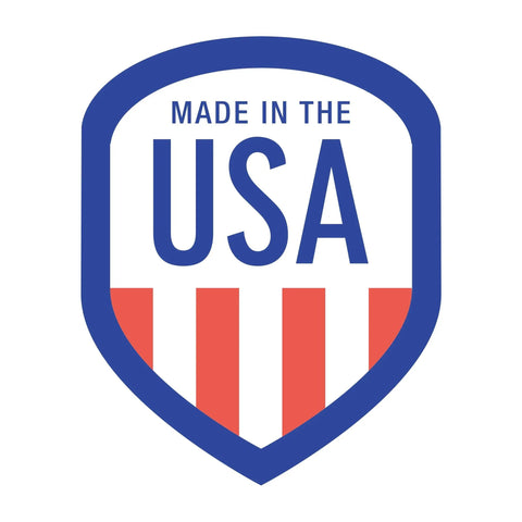 Shield-shaped 'Made in the USA' emblem with blue border and red stripes