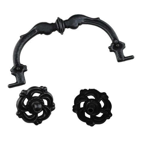 Four Pack Vintage Antique Black Droop Bail Drawer Pulls Six Inch Total Length With Four And A Quarter Inch Center Hole Spacing 108mm Rosette Diameter Forty Millimeters Zinc Alloy Rust Resistant Cabinet Knobs Handles