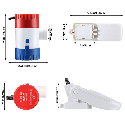 12 V 1100 GPH Bilge Water Pump With Automatic Float Switch For Boats, Electric Marine Bilge Pump Kit dimensions