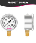Front and side view of Glycerin Filled Pressure Gauge 2 Inch Dial 304 Stainless Steel Case Beefy Vibration Resistant for Water Air and Hydraulic Pressure