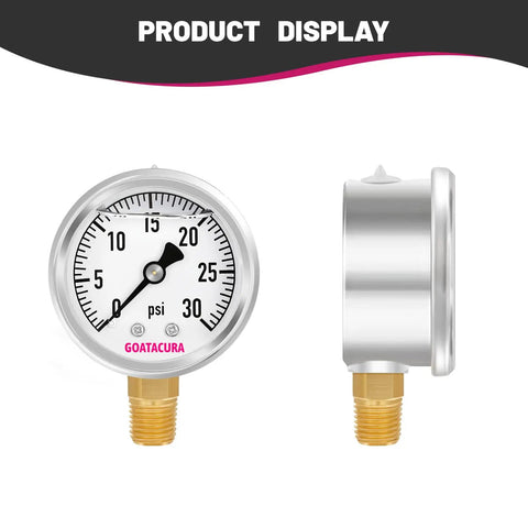 Front and side view of Glycerin Filled Pressure Gauge 2 Inch Dial 304 Stainless Steel Case Beefy Vibration Resistant for Water Air and Hydraulic Pressure