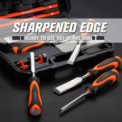 Four Piece Wood Chisel Set For Woodworking With Heat Treated CRV Steel Blades And Sharp Edges in open case