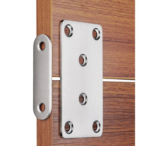 10 Pc Flat Corner Brace Plates For Furniture With Screws, Stainless Steel mending plates in use on wooden cabinet corner
