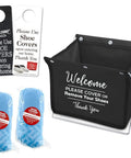 Foldable Fabric Shoe Cover Storage Box With 10 Pairs of Disposable Shoe Covers Includes Double Sided Door Hanger for Open Houses