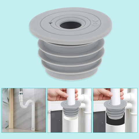Two Pack Flexible Silicone Drain Plug For Washing Machines And Floor Drains shows gray silicone plug in use for sealing drains.