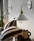 Nordic Vintage Style Wall Sconce Lamp with On Off Switch Edison Copper Socket Frosted White Body in cozy bedroom setting.