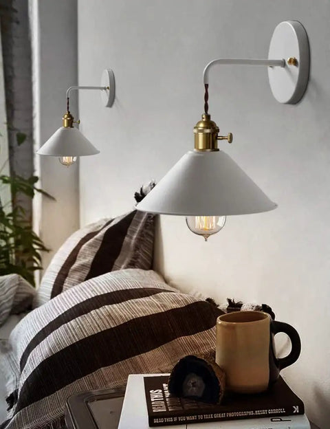 Nordic Vintage Style Wall Sconce Lamp with On Off Switch Edison Copper Socket Frosted White Body in cozy bedroom setting.