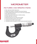 Workhorse Digital Micrometer With One-Piece Spindle And Tapered Frame For Tight Slots, Satin Chrome Finish, Quick Adjustment, 0 To 1 Inch Range, .0001 Inch Graduation, Dead-On Readout For Precision Machining with features description sheet.