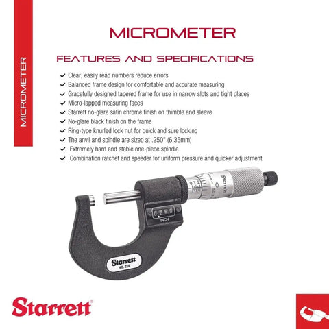 Workhorse Digital Micrometer With One-Piece Spindle And Tapered Frame For Tight Slots, Satin Chrome Finish, Quick Adjustment, 0 To 1 Inch Range, .0001 Inch Graduation, Dead-On Readout For Precision Machining with features description sheet.