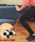 Person pushing chair with 2 Piece Chair Leg Pads Floor Protectors for Furniture Legs on hardwood floor, inset showing rubber feet.