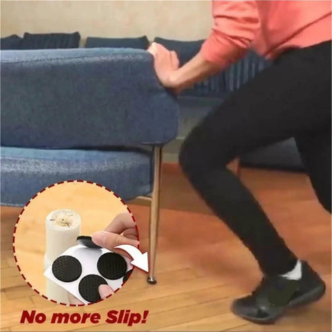 Person pushing chair with 2 Piece Chair Leg Pads Floor Protectors for Furniture Legs on hardwood floor, inset showing rubber feet.
