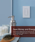 Maestro In-Wall Digital Timer for Lights and Fans, Single-Pole, Black Finish, shown installed on bathroom wall above counter