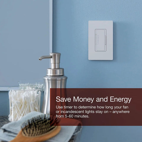 Maestro In-Wall Digital Timer for Lights and Fans, Single-Pole, Black Finish, shown installed on bathroom wall above counter
