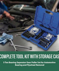 Awesome Heavy Duty 5 Ton Bearing Separator And Flywheel Gear Puller Kit For Auto Repair Pros And Do It Yourself Guys Who Want Rock Hard 45 Carbon Steel Power To Handle Stubborn Bearings Gears Pulleys And Steering Wheel Removal Tasks Efficiently. blue 12-piece 45# carbon steel bearing separator and gear puller kit in storage case