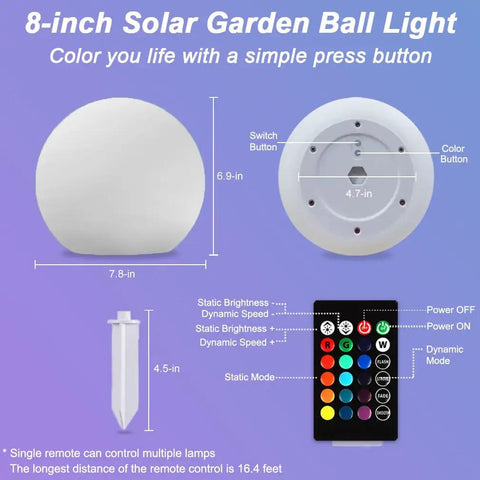 8 Inch Solar Globe Light Outdoor Waterproof With Remote Control, 16 RGB Color Changing Glowing Orb Lamp size details
