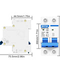 Front and side view of 63 Amp Two Pole AC Miniature Circuit Breaker for 120 to 240V systems with DIN rail mount DZ47-63 50/60Hz