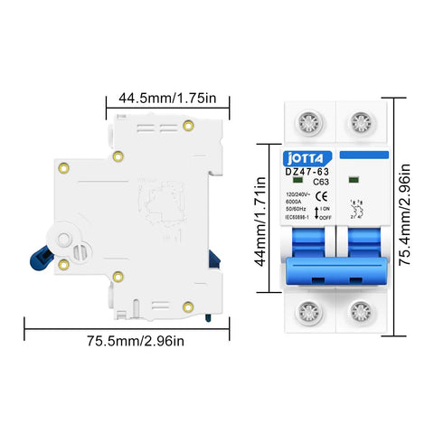 Front and side view of 63 Amp Two Pole AC Miniature Circuit Breaker for 120 to 240V systems with DIN rail mount DZ47-63 50/60Hz