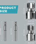 Two Piece PVC Pipe Threader Tool Set With One Half Inch And Three Quarter Inch Heads For Pipes Internal And External Threading Electric Drill Compatible Carbon Steel With Protective Coating For DIY Home Plumbing, detailed dimensions shown with measurements in millimeters and inches.