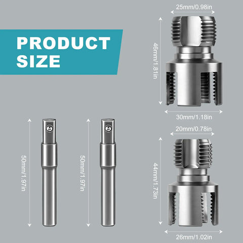 Two Piece PVC Pipe Threader Tool Set With One Half Inch And Three Quarter Inch Heads For Pipes Internal And External Threading Electric Drill Compatible Carbon Steel With Protective Coating For DIY Home Plumbing, detailed dimensions shown with measurements in millimeters and inches.