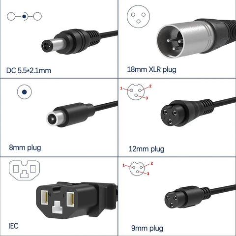 Universal 42V 36V Charger For 36V Li Ion Battery Packs With Seven Plug Cord showing six plug types including 18mm XLR, IEC.