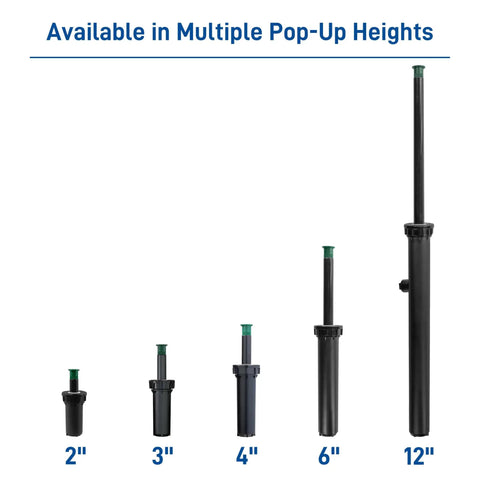 Different sizes of hard top pop up sprinkler heads with pressure regulating valve, including four inch riser, shown in a lineup.