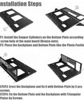 Installation steps for Open Chassis Gaming PC Case Test Bench For ATX MATX ITX Motherboards with plates and screws.