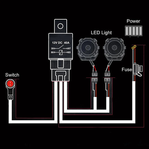 Diagram of Seven Eighths Inch Handlebar Light Bar Wiring Harness Kit with 12V 40A Relay for motorcycle, ATV, and dirt bike lights.