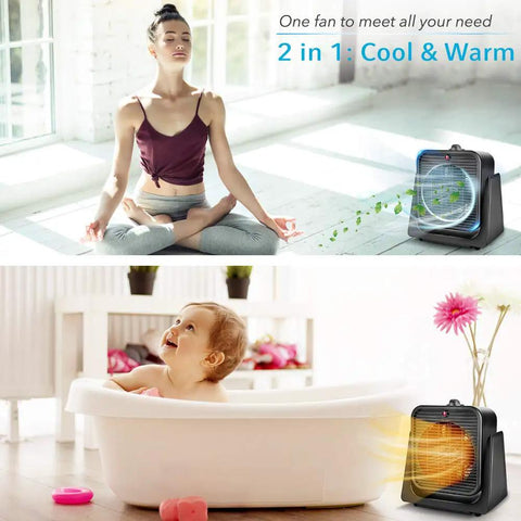 2 In 1 Desk Fan And Space Heater For All Year Comfort, Portable Air Circulator shown in yoga and bathtub settings, black
