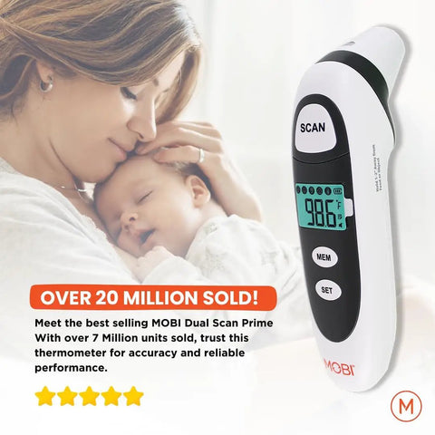 Dualscan Prime Ear And Forehead Thermometer With Food And Bottle Readings For Babies And Nursery Use Kid Friendly Ear And Forehead Temperature Readings Fever And Object Temp Sensor Baby Food Thermometer HSA Eligible, mother holding baby beside thermometer