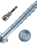 Close-up of a zinc-plated concrete screw with hex head and drill bit, Three Eighths Inch By Three Inch Zinc Plated Large Diameter Concrete Screws For Masonry Brick Or Block Anchoring 12mm Thick Shank Heavy Duty Fasteners Set Of 10.