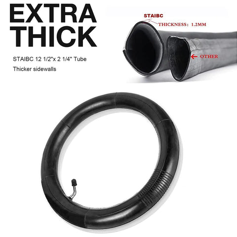 Durable 12.5X2.25 inner tube with angled valve stem, STAIBC thick butyl construction, comparison of thickness 1.2mm.