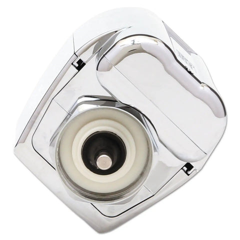 Close-up of AutoFlush Touchless Toilet Flusher With Sidemount Chrome Retrofit Kit, sensor visible, for hygiene in restrooms.