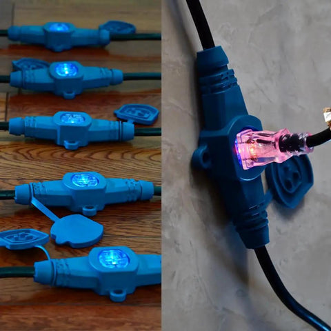 Heavy Duty 50 Foot Extension Cord 12 Gauge With 7 NEMA 5-15R Outlets And Blue Indicator Lights on wood floor and wall