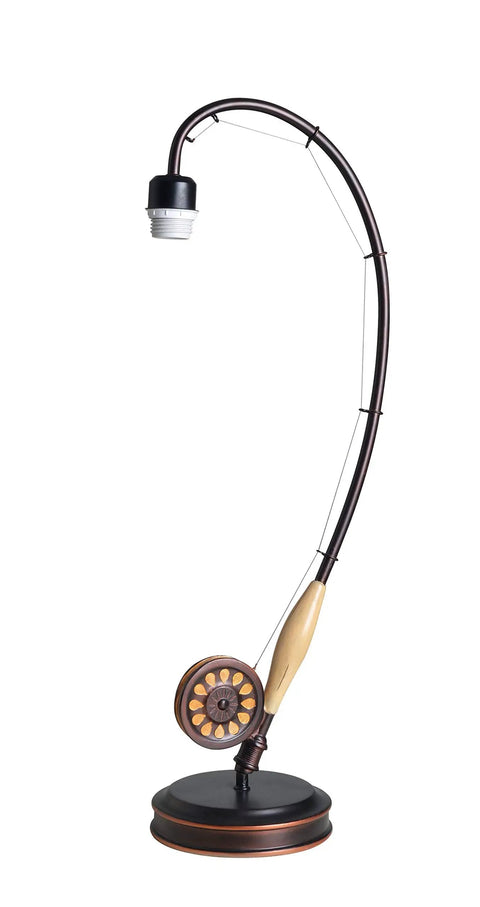 Fly Rod Table Lamp in Oil Rubbed Bronze With Wood Accent Finish, Rustic Lodge Style, base view without shade