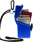 Open Surfsafe Waterproof Sports Case Blue for phones and gear showing contents, crush resistant, airtight, and floats