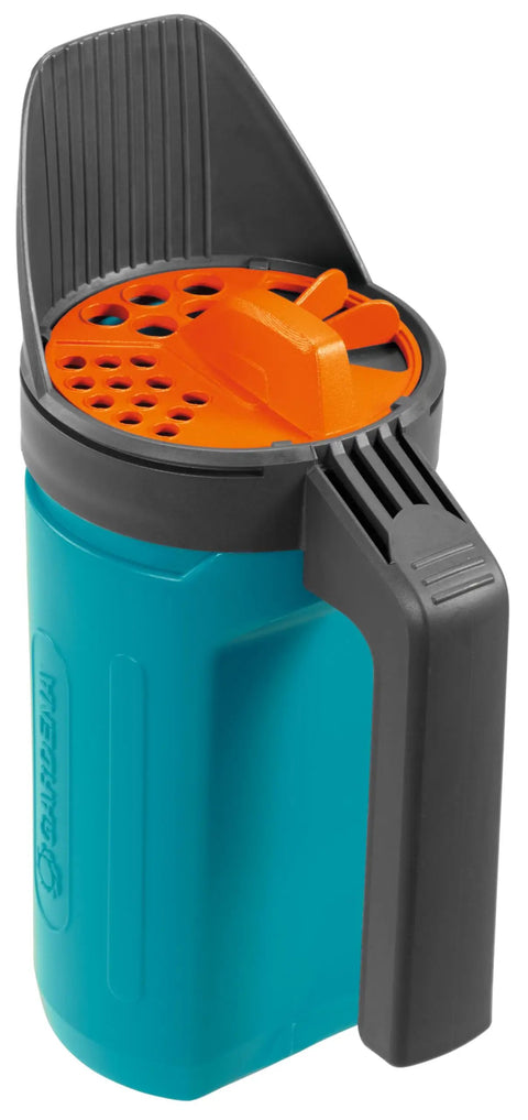 Compact Hand Spreader And Grit Container For Sand Salt And Grit Easy Winter Spreading With 3 Setting Dose System Also Ideal For Fertilizer And Seeds Lightweight About 300 Grams With Ergonomic Handle shown with orange and blue design