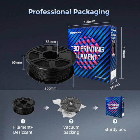 Carbon Fiber PETG 3D Printer Filament 1.75mm, 1kg Spool Black in professional packaging with dimensions and vacuum sealed bag