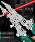 All-In-One Foldable Wire Stripper With Voltage Tester, 18-In-1 Electrician Pliers Tool cutting and crimping a red wire