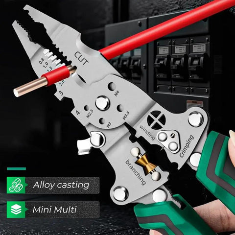All-In-One Foldable Wire Stripper With Voltage Tester, 18-In-1 Electrician Pliers Tool cutting and crimping a red wire