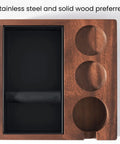 Top view of Wooden Coffee Tamping Stand Station 4 In 1 Tamper Holder with 1.5L stainless steel slag box and 58mm nonslip tamp tray.