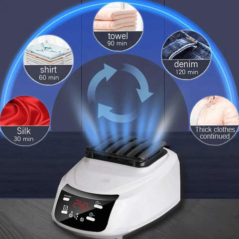 Portable Clothes Dryer With Remote Control 110 To 240V Foldable Electric Drying Machine on table with blue airflow, timer display