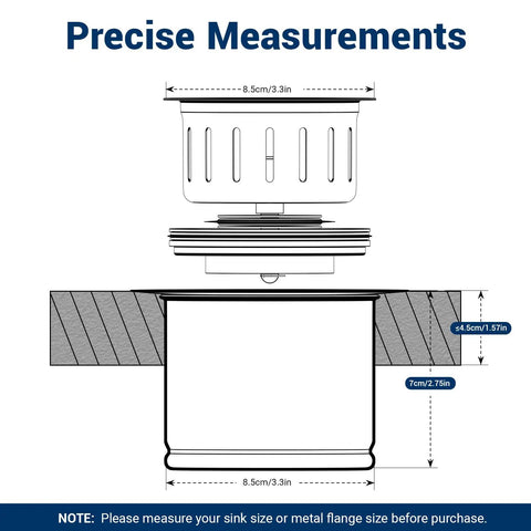 Dimensions diagram of Extended Kitchen Garbage Disposal Flange Kit With Basket Strainer And Drain Stopper for 3.5-inch sink drain.