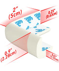 PreTaped Soft Foam Corner Protectors For Baby Safety, Off White, 12 Pack Small, dimensions and 3M tape shown.