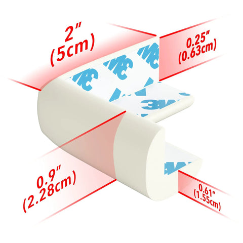 PreTaped Soft Foam Corner Protectors For Baby Safety, Off White, 12 Pack Small, dimensions and 3M tape shown.