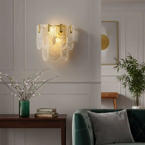 Wall Sconce Lights Indoor Bedroom Hallway Modern Art,Gold Brass,Layered Clear Textured Shell Glass Shade,s,for Living Room,Foyer mounted on wall.