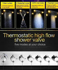 Thermostatic high flow shower valve with five modes, showcasing rainfall, waterfall, and spa mist options, LED indicators.