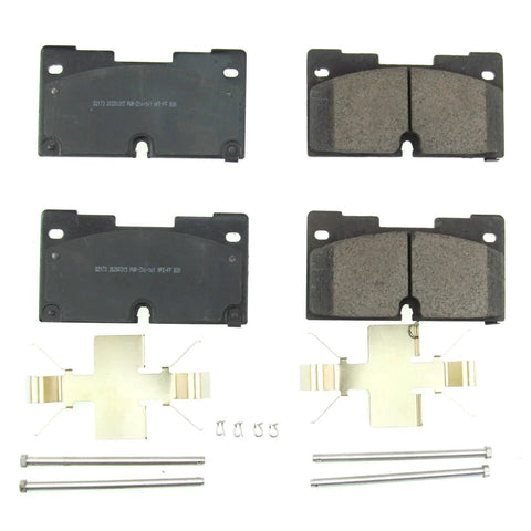 PowerStop Z17 ceramic front brake pads with installation hardware; two pad assemblies with backing plates and clips