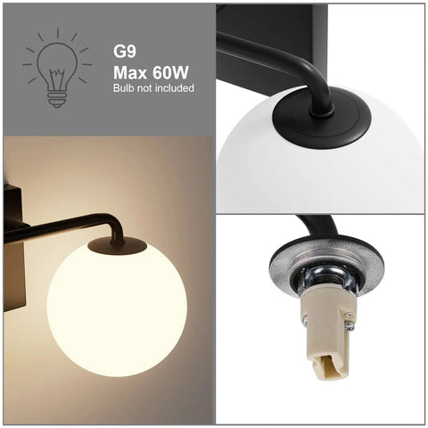 Two Light Mid Century Vanity Lights Over Mirror Matte Black With Milk White Glass Globes Dope Industrial Farmhouse Bathroom Lighting Fixture Set IP44 Waterproof Easy Install Vintage Style Bath Glow with close-up of glass globe and bulb socket.